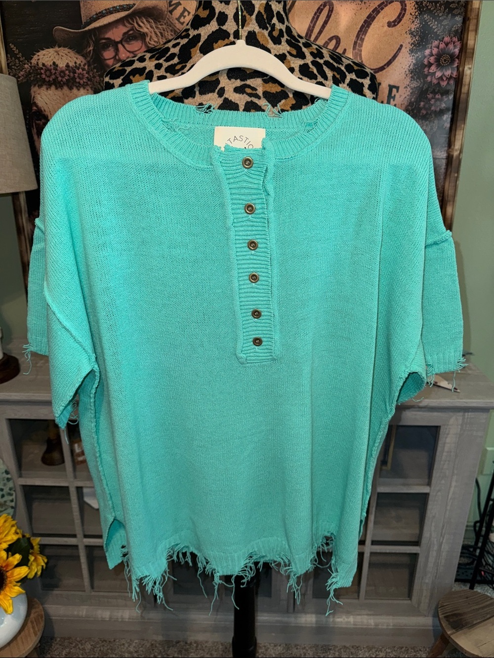 Fantasic Fawn Seafoam Ragged Sweater Size Med